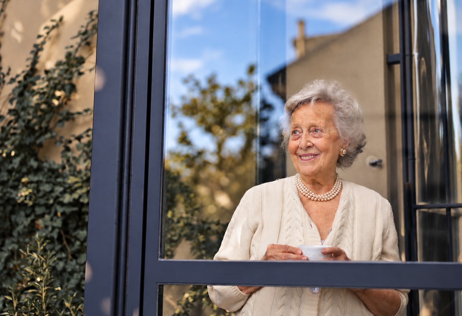 Seniorin steht mit einer Tasse am Fenster ihrer Wohnung und blickt in den Garten